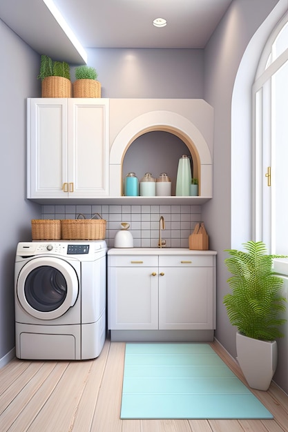 Blank white wall with arch doorway to laundry room modern design kitchen with white counter utilit