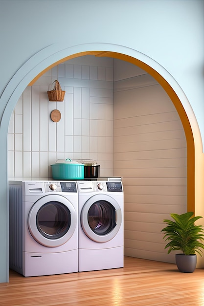 Blank white wall with arch doorway to laundry room modern design kitchen with white counter utilit