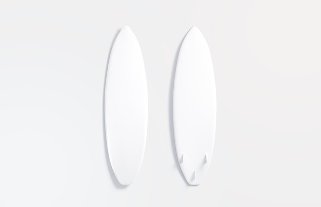 Blank white wood surfboard mockup front and back gray background