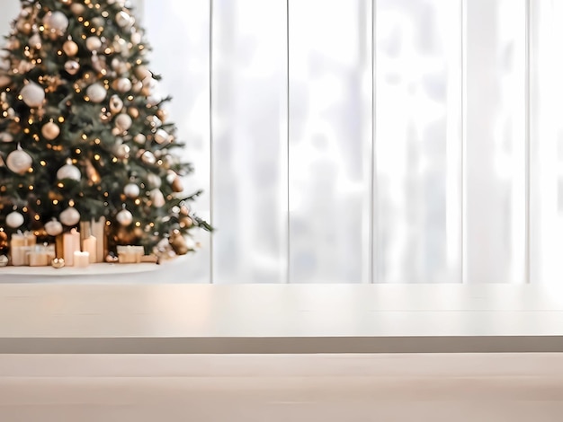 Blank white wooden table top with abstract warm living room decor with Christmas tree series blurry