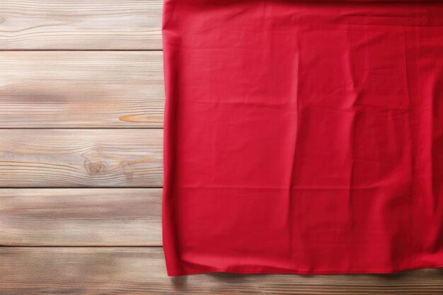 Photo blank white wooden table with red tablecloth overhead view empty space for product display text can