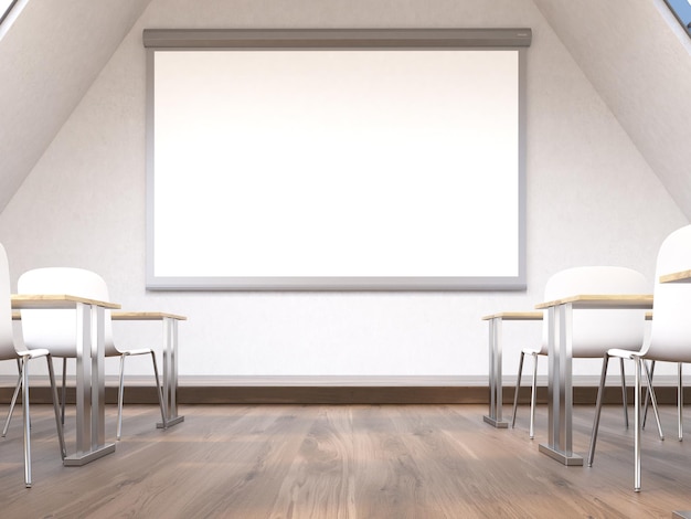 Blank whiteboard in classroom interior