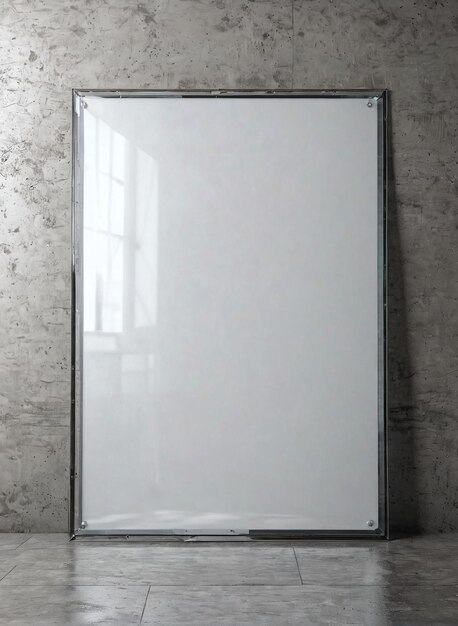 a blank whiteboard in a room with concrete walls