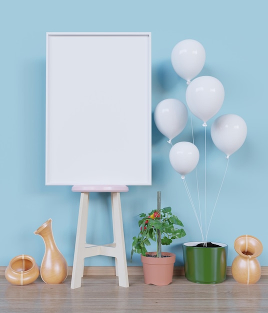 Photo blank whiteboard with balloons and plant against wall