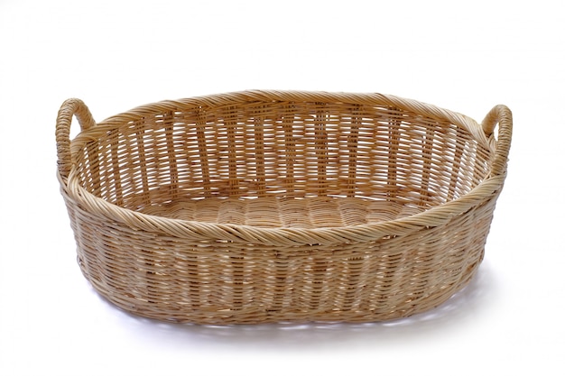 Photo blank wicker basket gift to putting bakery fruits vegetables products or other stuffs isolated.