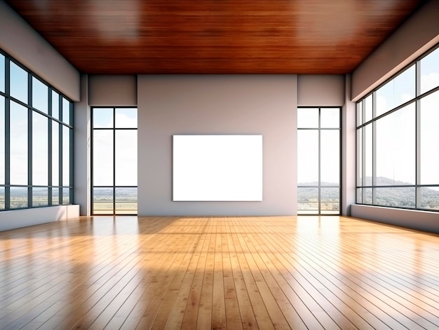 Blank wit beeldframe mockup op lichtgrijze muur in een modern galerie interieur met houten vloer en grote ramen Generatieve AI