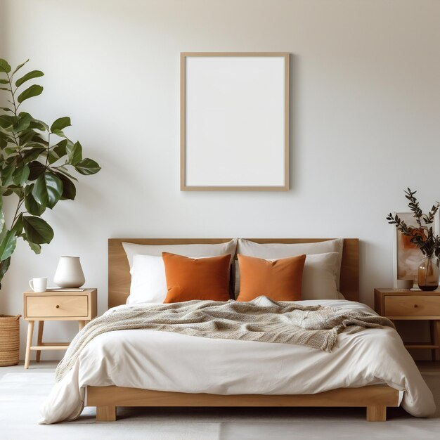 Blank wit foto kunst frame mock up design showcase in het moderne slaapkamer interieur