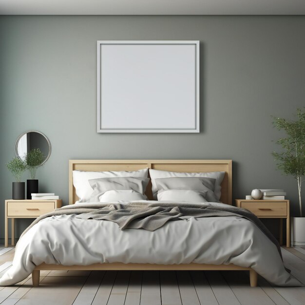 Blank wit foto kunst frame mock up design showcase in het moderne slaapkamer interieur