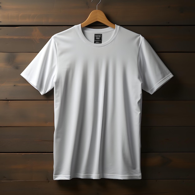 Blank wit T-shirt met hanger geïsoleerd op houten achtergrond korte mouwen T-shirt