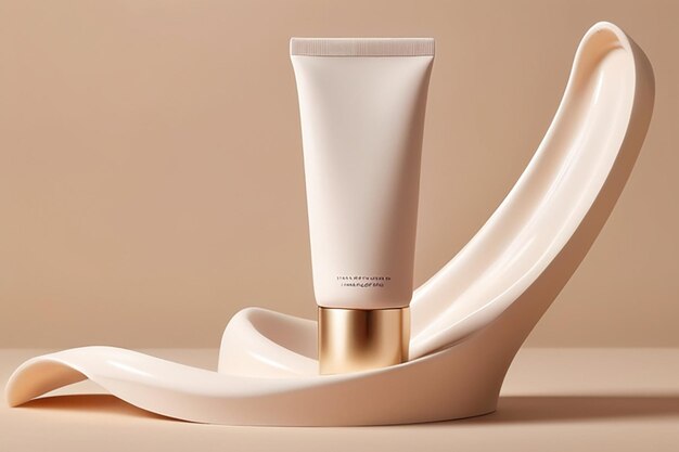 Blank witte cosmetische buis op de beige achtergrondWavy podium eronderGoed als cosmetische mockuppastel banner met kopieerruimte