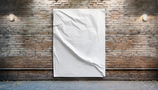 Blank witte gerimpelde poster op straat bakstenen muur