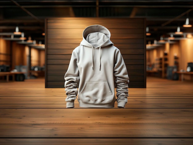 Blank witte hoodie mockup op wazige houten muur winkel achtergrond Generatieve AI