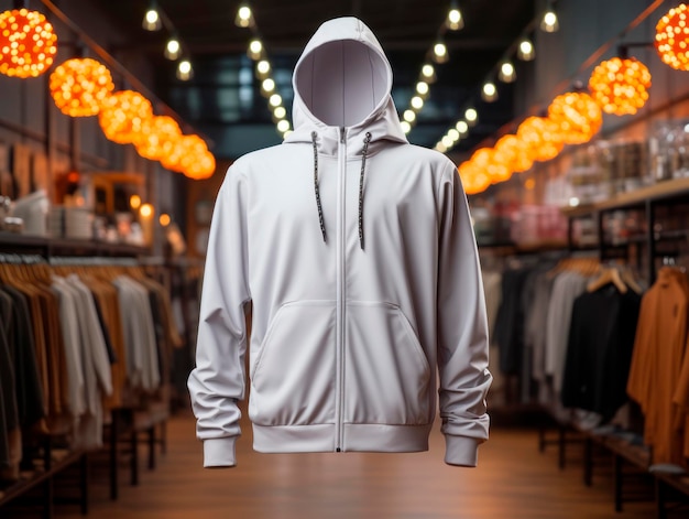 Blank witte hoodie mockup op wazige winkel achtergrond Generatieve AI