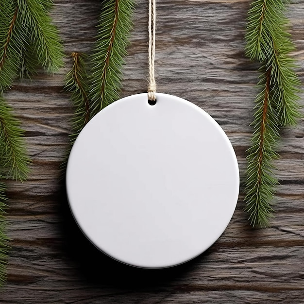 Foto blank witte kersttag dennen tak en dennen kegels op houten achtergrond