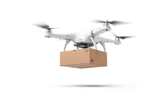 Blank witte quadrocopter met box mockup vliegen geïsoleerde zijweergave 3d
