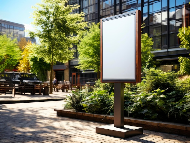 Blank witte reclame banner met houten frame op zonsondergang stad straat achtergrond mockup Generatieve AI