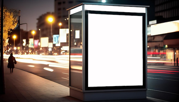 Blank witte verticale digitale billboard poster op stadsstraat bus stop teken's nachts Generative ai