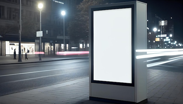 Blank witte verticale digitale billboard poster op stadsstraat bus stop teken's nachts vervaagde stedelijke