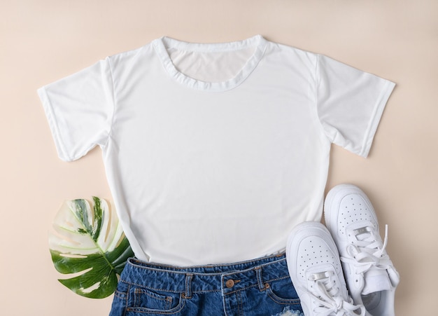 Foto blank witte vrouwen katoen t-shirt mockup met spijkerbroek en doek schoenen geïsoleerd op witte achtergrond