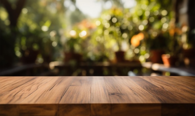 Blank wood table and blurred garden background for marketing text