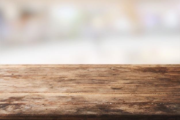 Blank wood table desk old vintage grunge design shelf perspective.