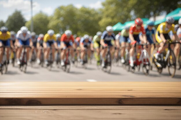 Photo a blank wooden board with a defocused cycling race in the background