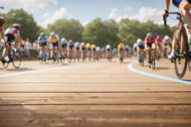 Foto una tavola di legno vuota con una gara ciclistica sfocata sullo sfondo