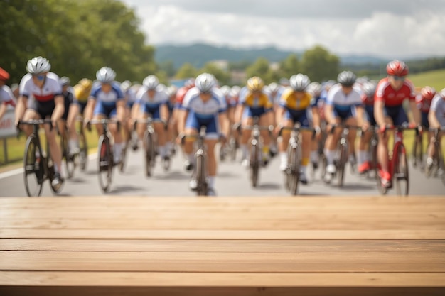 Foto una tavola di legno vuota con una gara ciclistica sfocata sullo sfondo