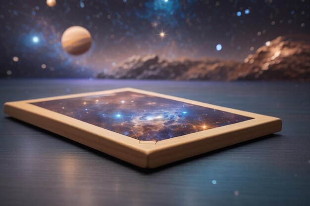 A blank wooden board with a defocused spacethemed background cosmic products