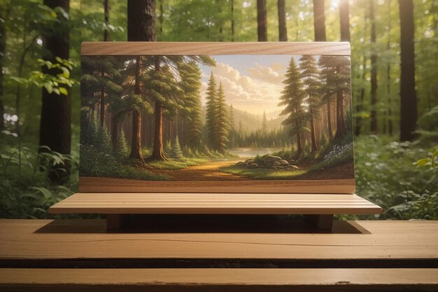 A blank wooden board with a forest scene in the background