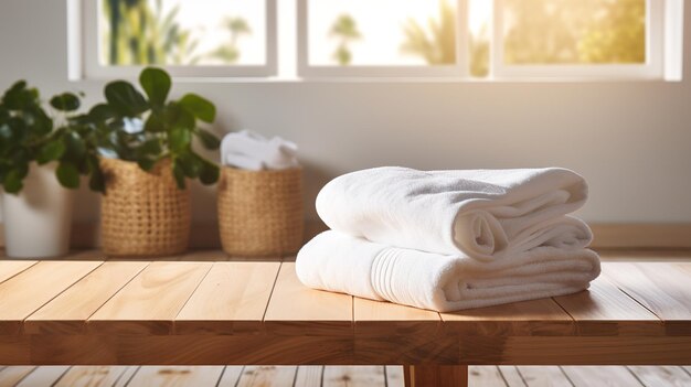 Photo blank wooden board with towels before blurred home laundry machine