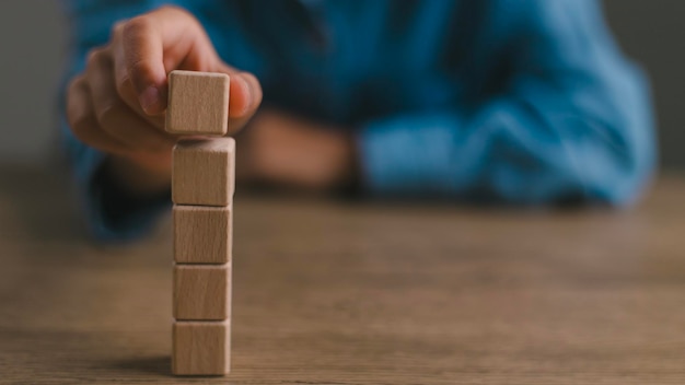 Blank wooden cubes on the table with copy space empty wooden cubes for input wording and an infographic icon