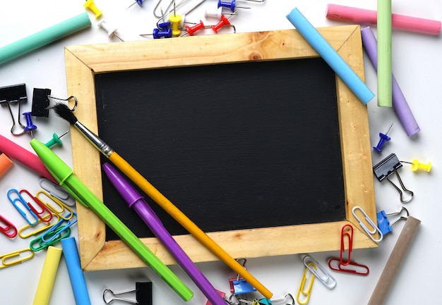 Blank Wooden Frame Blackboard Between School Stationary