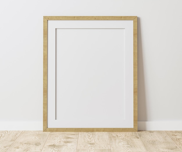 Blank wooden frame with mat on wooden floor with white wall 45 ratio 40x50 cm 16 x 20 inches poster frame mock up 3d rendering