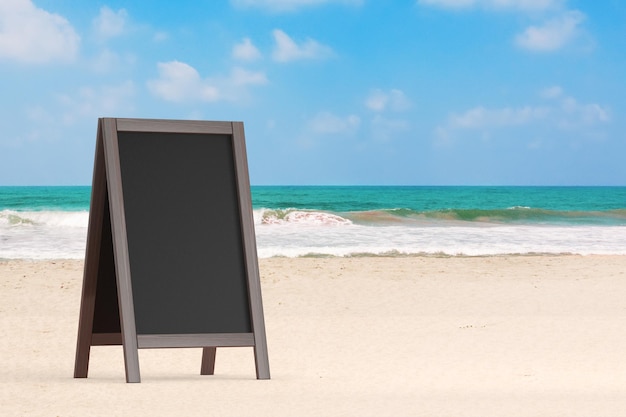 Blank Wooden Menu Blackboard Outdoor Display on an Ocean or Sea Summer Beach 3d Rendering