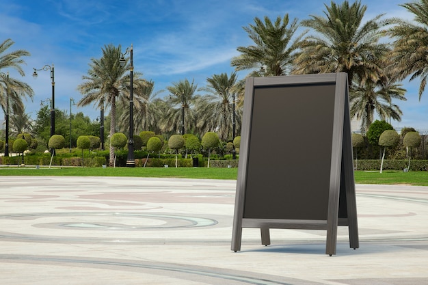 Blank Wooden Menu Blackboards Outdoor Display as Template for Your Design in Empty City Street with Palm Trees extreme closeup. 3d Rendering