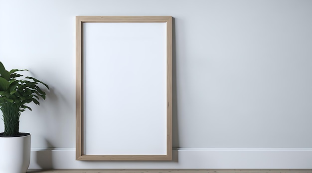 Blank wooden picture frame mockup on white wall