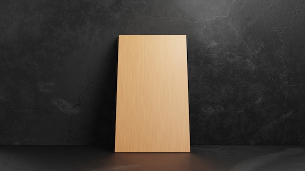 Blank wooden plank leaning at concrete wall.Dark abstract empty, modern concrete room.3D rendering illustration.