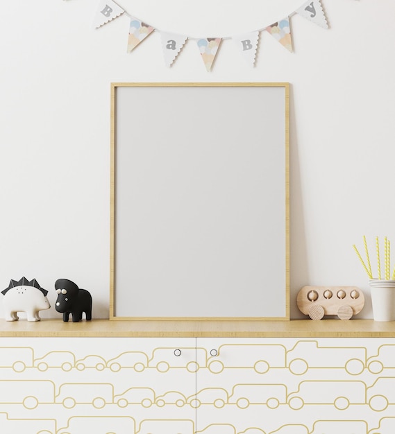 Blank wooden poster frame mockup in childrens room interior with white wall and garland flags baby chest of drawers with car print toys playroom interior 3d rendering