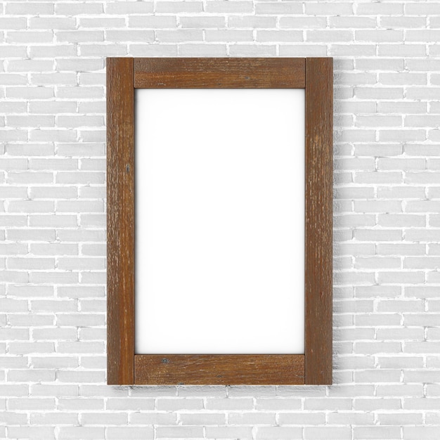 Blank Wooden Poster Photo Frame in front of White Brick wall. 3d Rendering