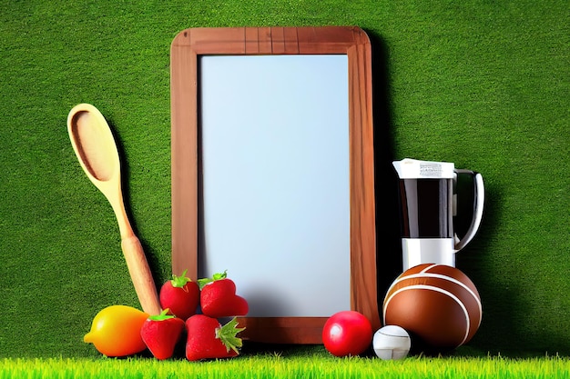 Blank wooden slate with sport equipments and healthy fruits on green turf generative ai