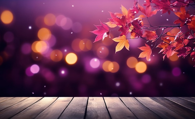 Blank wooden table fall leaves on blurred purple background