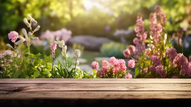 Blank wooden table for products presentation with flowers in background