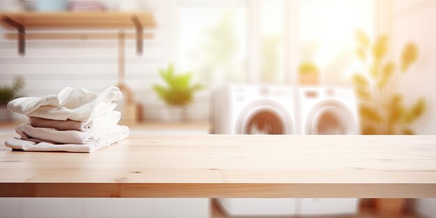 Photo blank wooden table for showcasing or assembling items with a blurred laundry room background