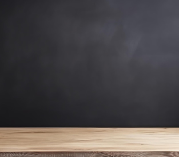 Blank wooden tabletop on blackboard wall background mockup and display for kitchen and restaurant