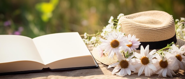 夏の花とストローが付いた空白の執筆本