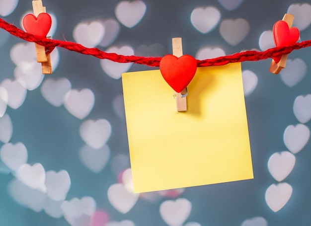 Blank Yellow sticky note paper hanging with red hearts with bokeh background with copy space