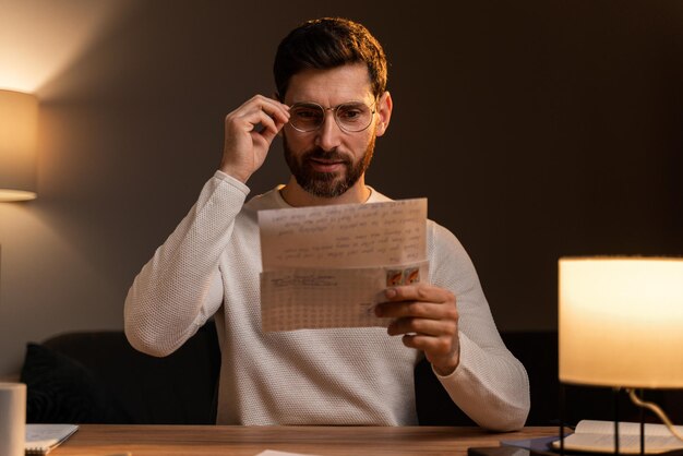 Blanke bebaarde man met een bril die 's avonds in de eenzame kamer zit en een interessante brief van familie leest