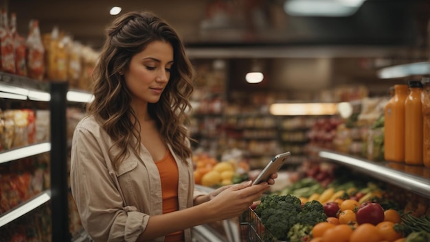 blanke brunette vrouw die producten vergelijkt in een supermarkt