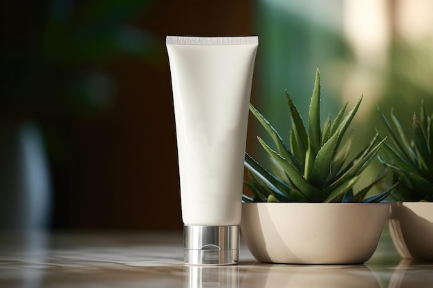 Blanke cosmetische buis met aloëplant